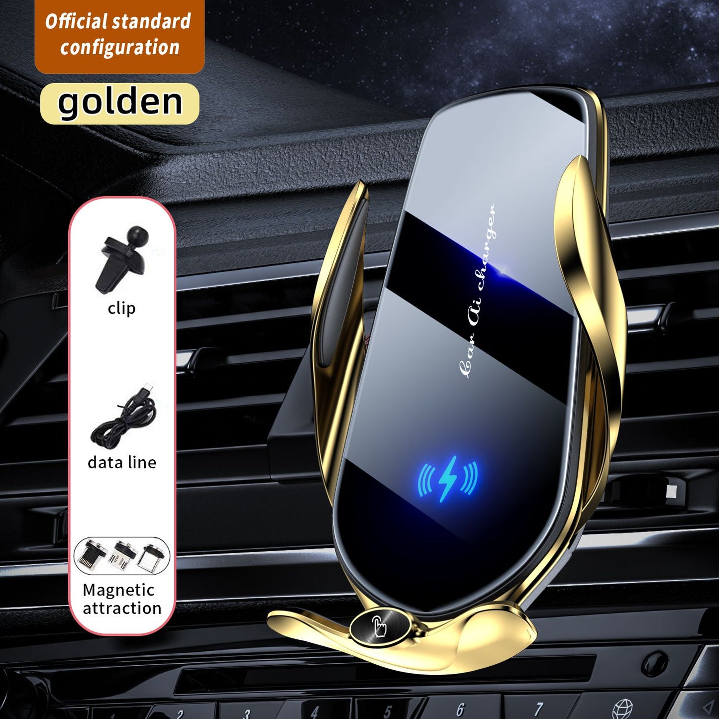 FJ22 Auto Clamping Wireless Car Charger Mount Infrared Air Vent Phone Holder，Golden