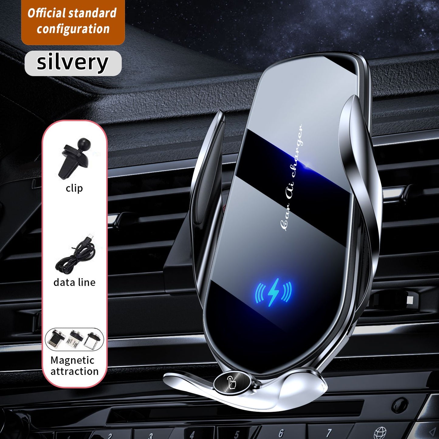 FJ22 Auto Clamping Wireless Car Charger Mount Infrared Air Vent Phone Holder，Silver