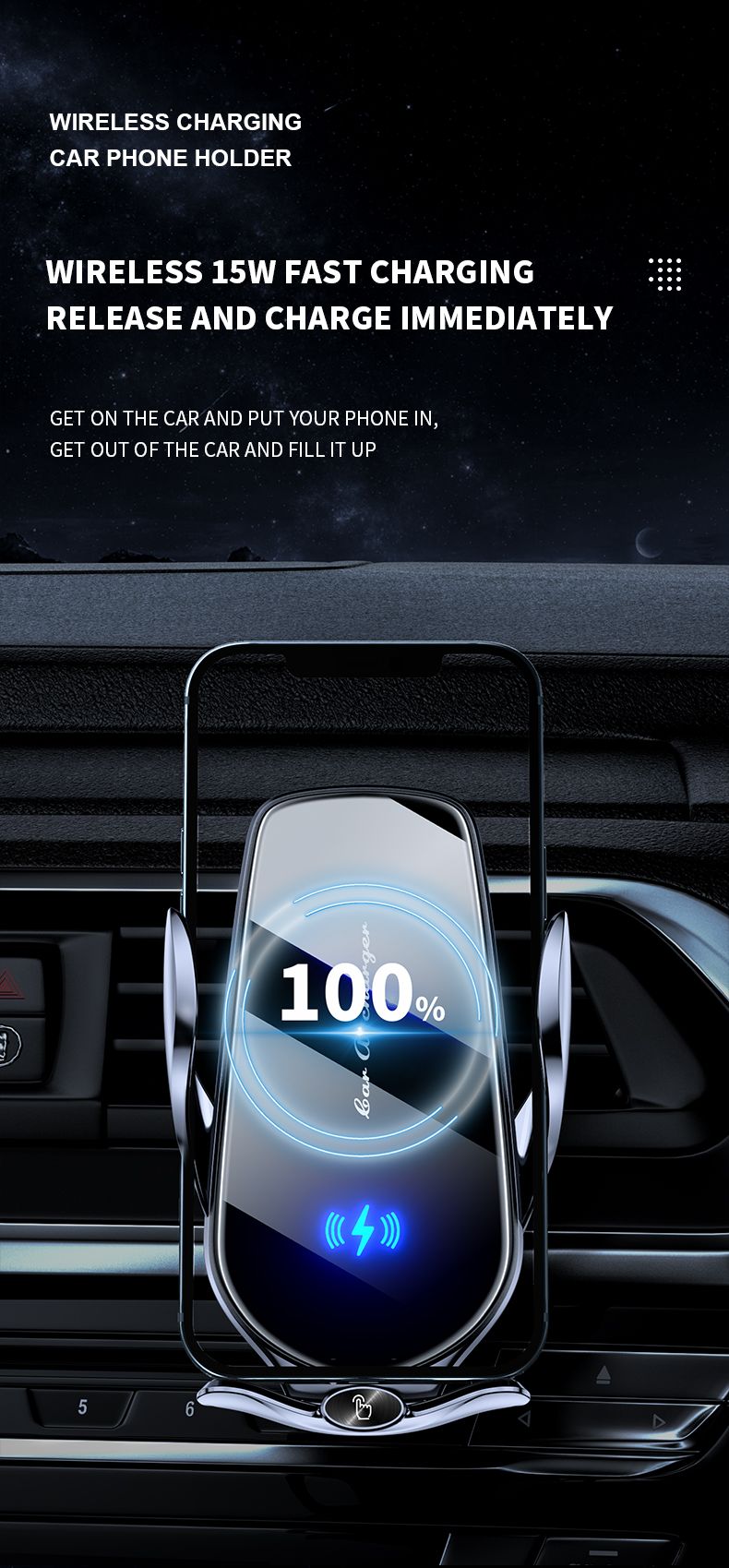 FJ22 Auto Clamping Wireless Car Charger Mount Infrared Air Vent Phone Holder，Silver