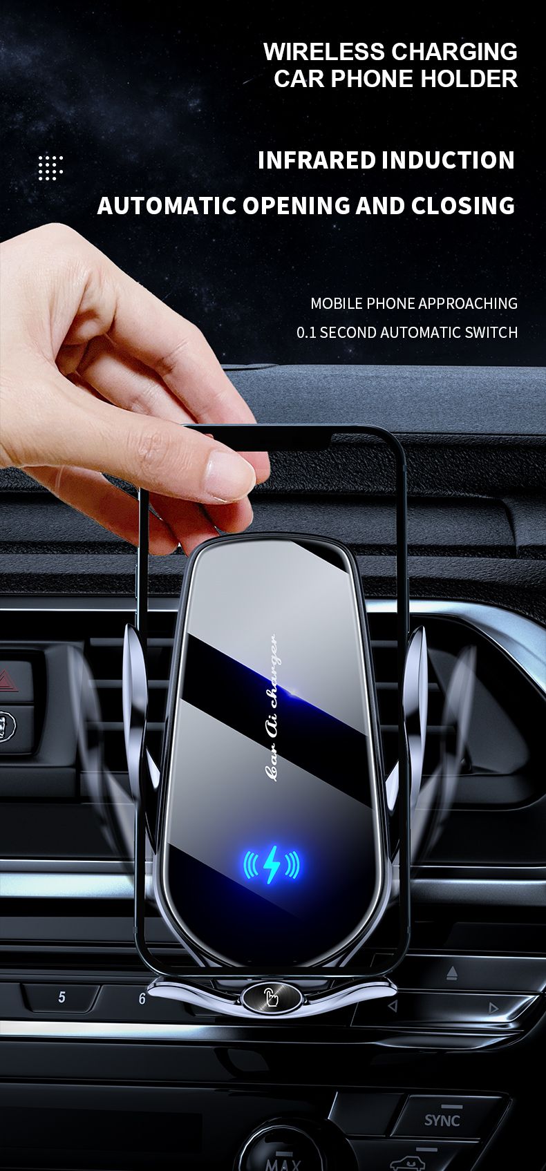 FJ22 Auto Clamping Wireless Car Charger Mount Infrared Air Vent Phone Holder，Silver