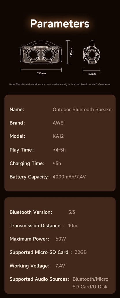 AWEI KA12 60W Outdoor Wireless Bluetooth Speaker,black
