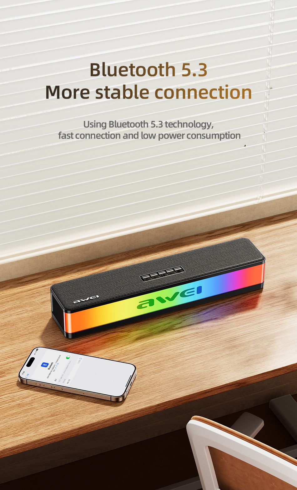 AWEI KA23 Wireless Bluetooth Soundbar, RGB Dynamic Lighting Stereo Speaker，black
