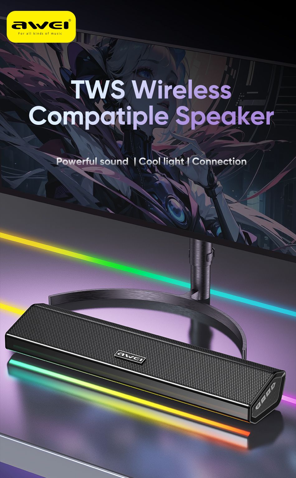 AWEI KA51 Bluetooth Soundbar Speaker，black