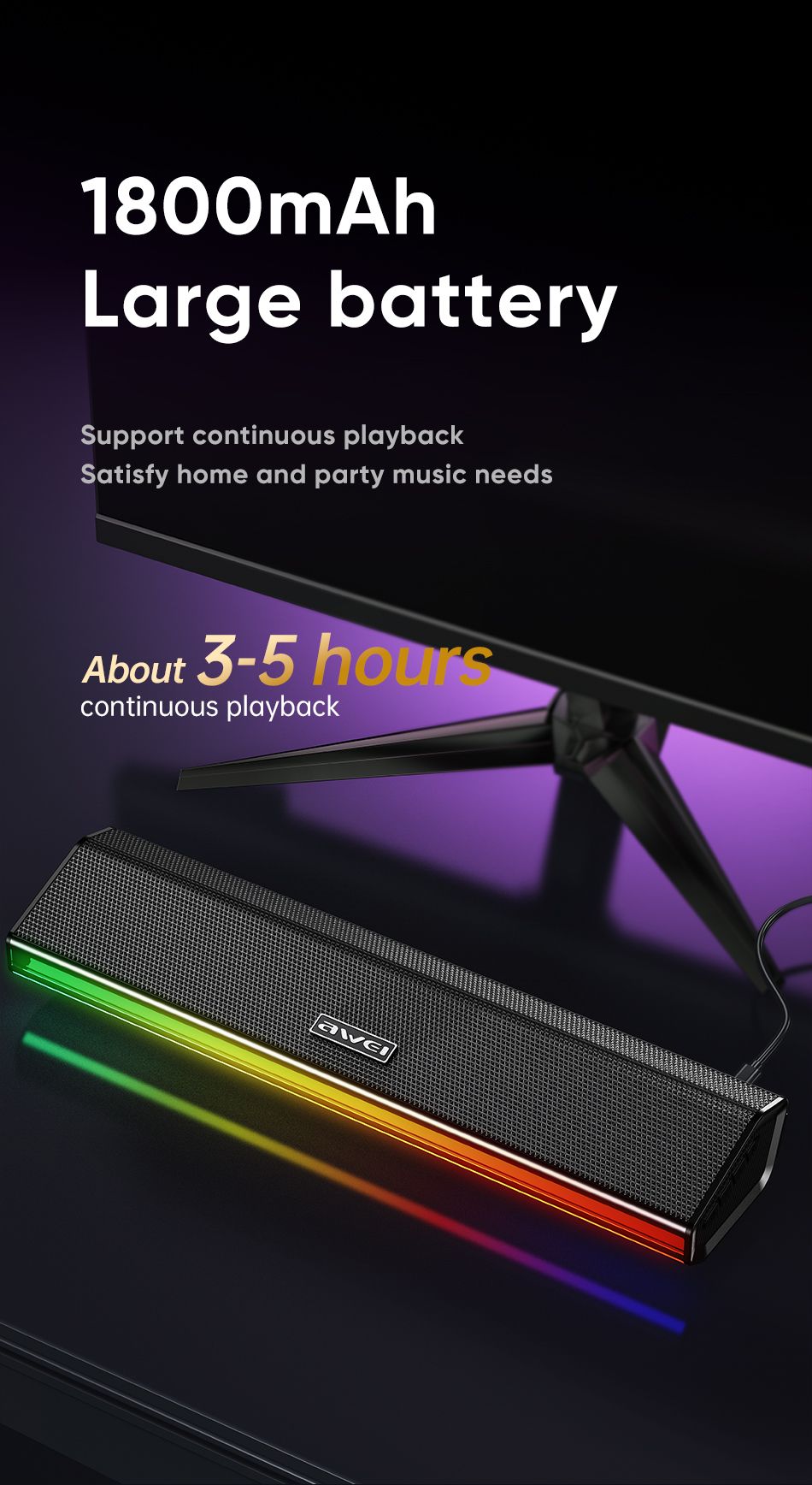 AWEI KA51 Bluetooth Soundbar Speaker，black