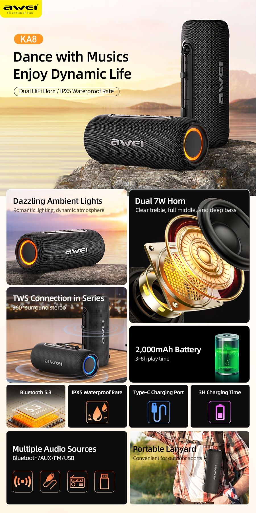 AWEI KA8 Waterproof Bluetooth Portable Speaker, TWS Wireless Stereo,black