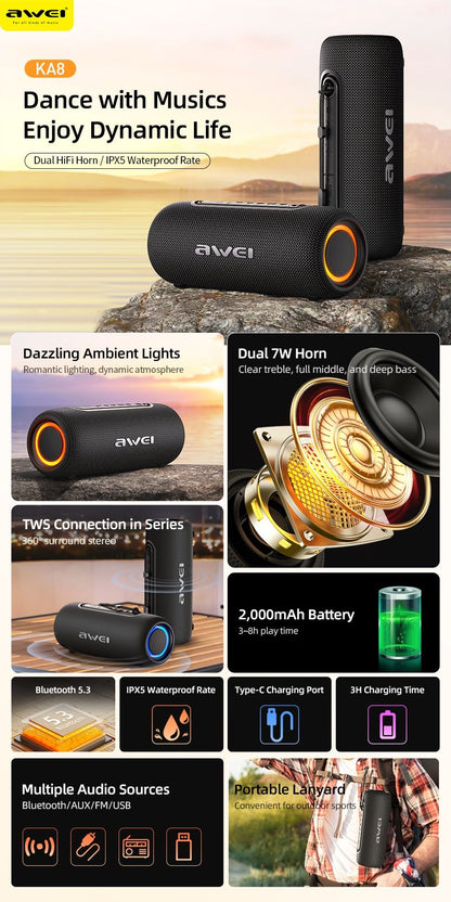 AWEI KA8 Waterproof Bluetooth Portable Speaker, TWS Wireless Stereo,black