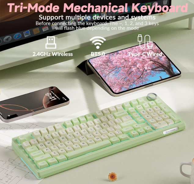 Solakaka Ki99pro 3‑Mode RGB Mechanical Keyboard,  Avocado-Green