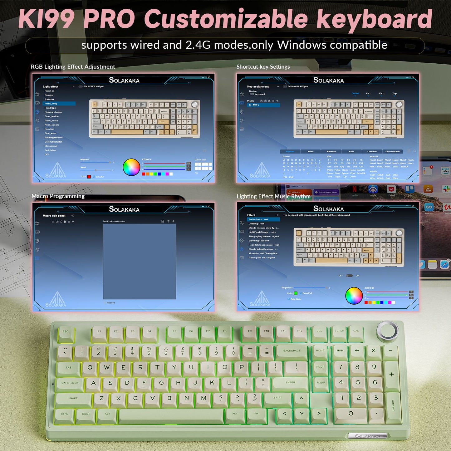 Solakaka Ki99pro 3‑Mode RGB Mechanical Keyboard,  Avocado-Green