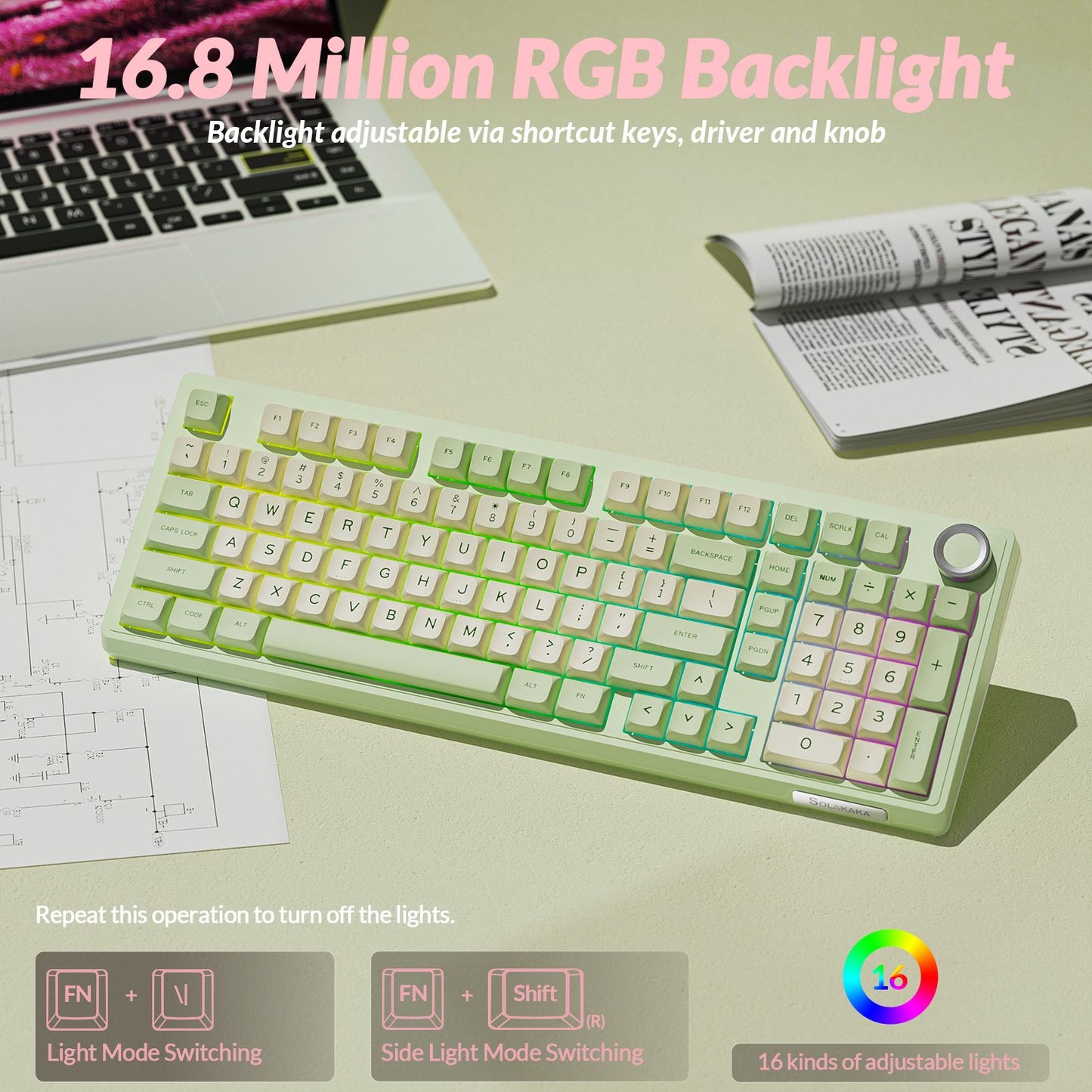 Solakaka Ki99pro 3‑Mode RGB Mechanical Keyboard,  Avocado-Green