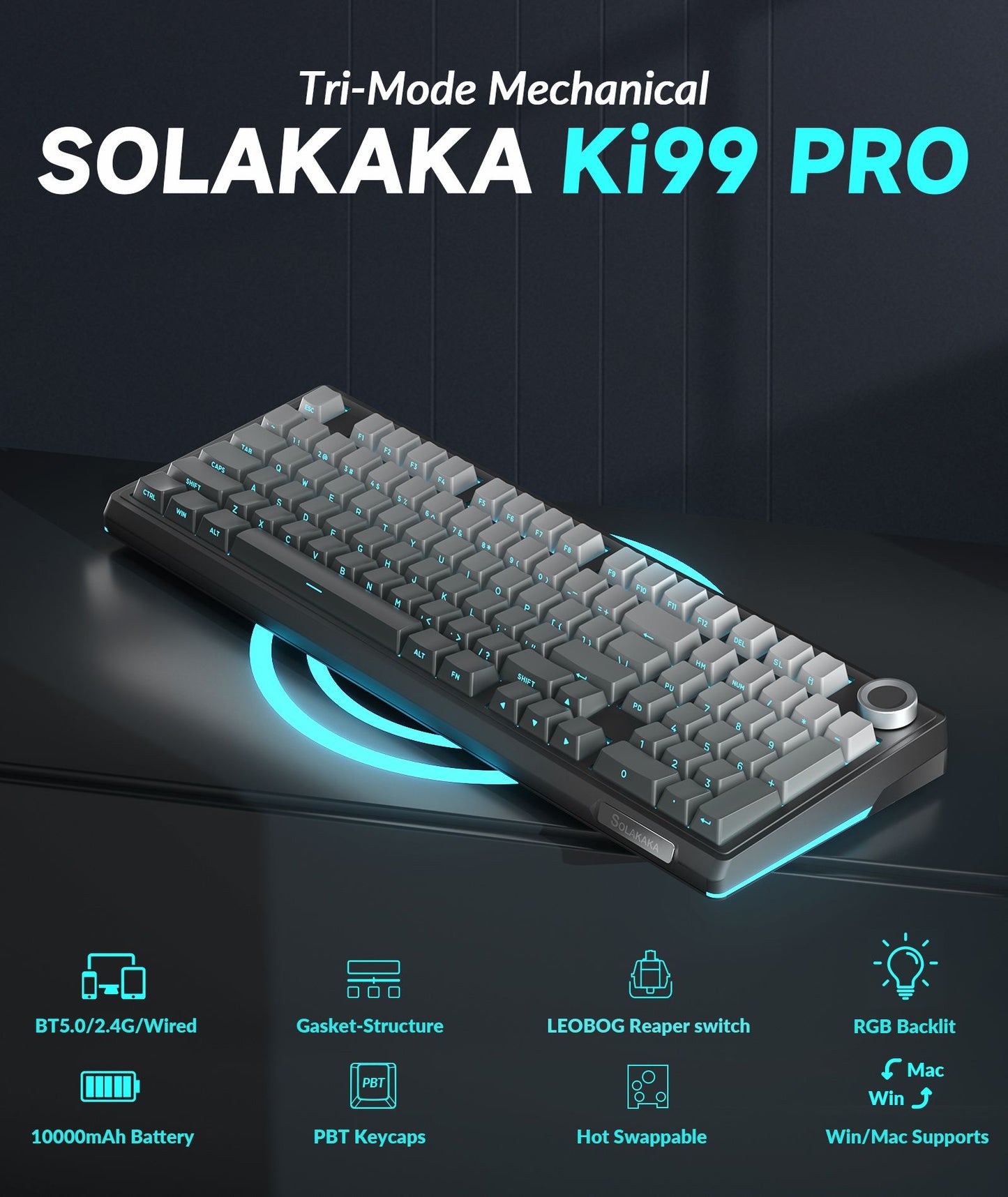 Solakaka Ki99pro 3‑Mode RGB Mechanical Keyboard,  Gradient-Gray