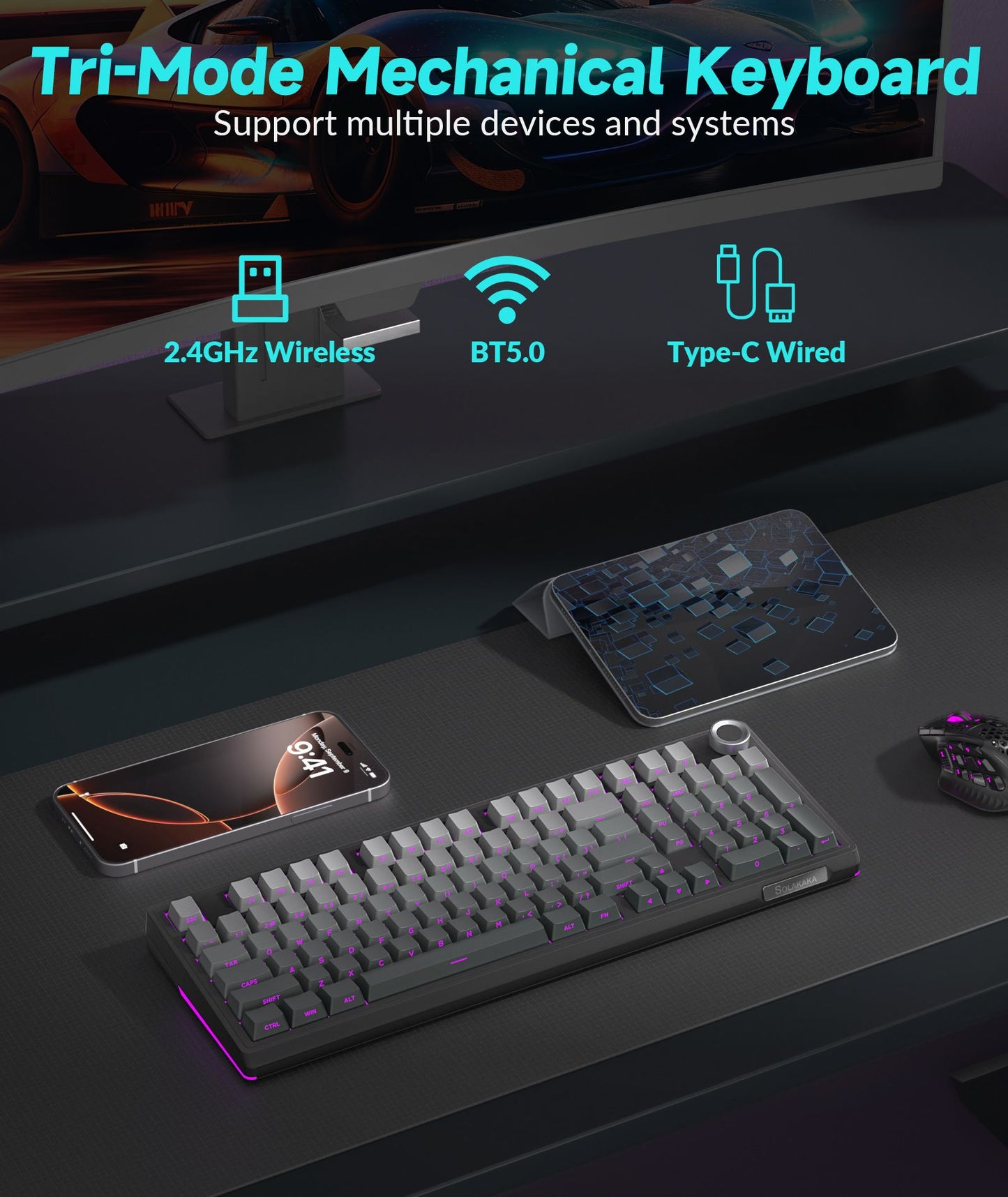 Solakaka Ki99pro 3‑Mode RGB Mechanical Keyboard,  Gradient-Gray