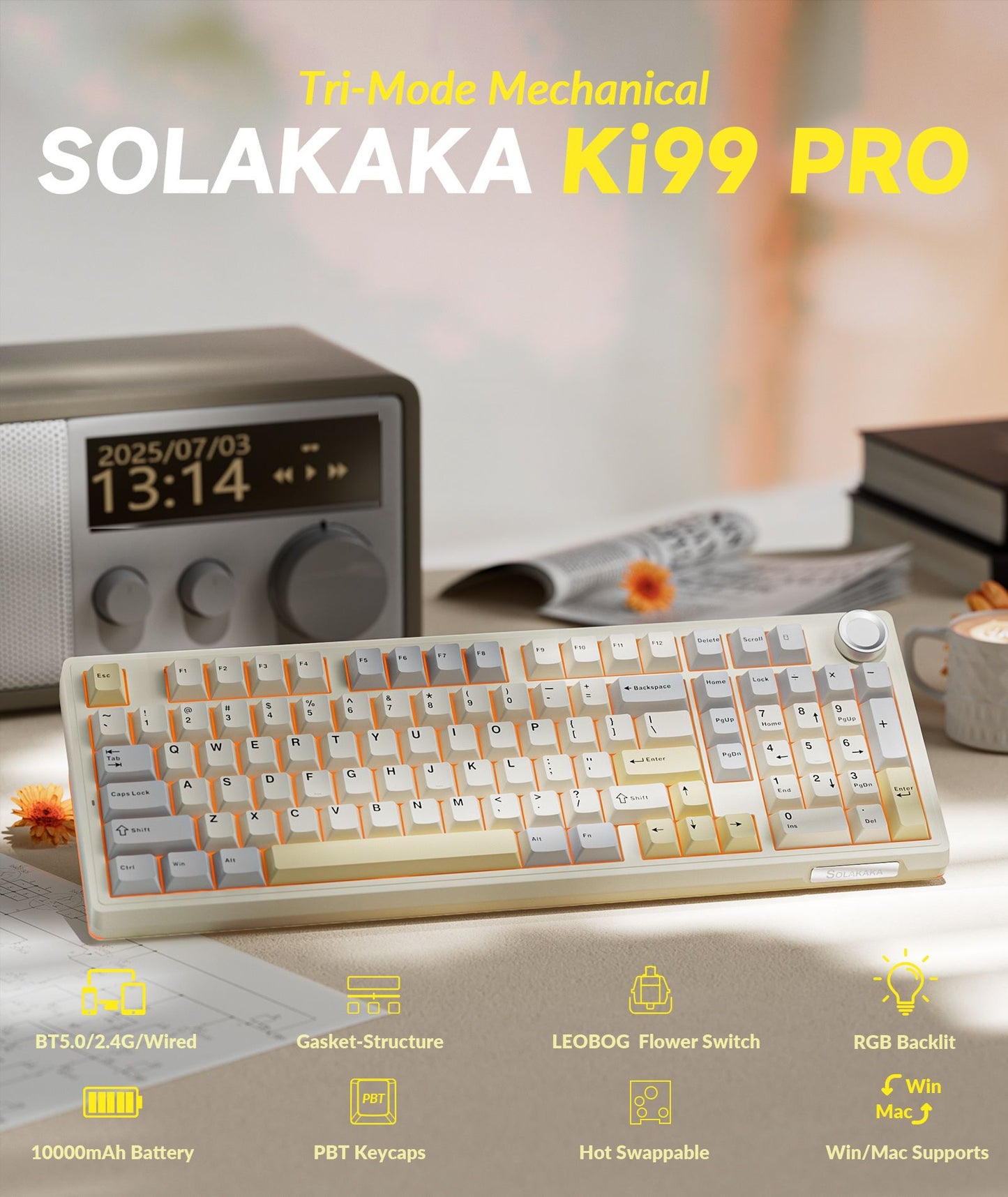 Solakaka Ki99pro 3‑Mode RGB Mechanical Keyboard,  Orange-White