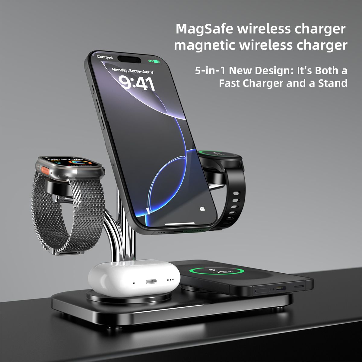 OC22 5-in-1 Wireless Charging Stand Multi Device Fast Charging Dock，black
