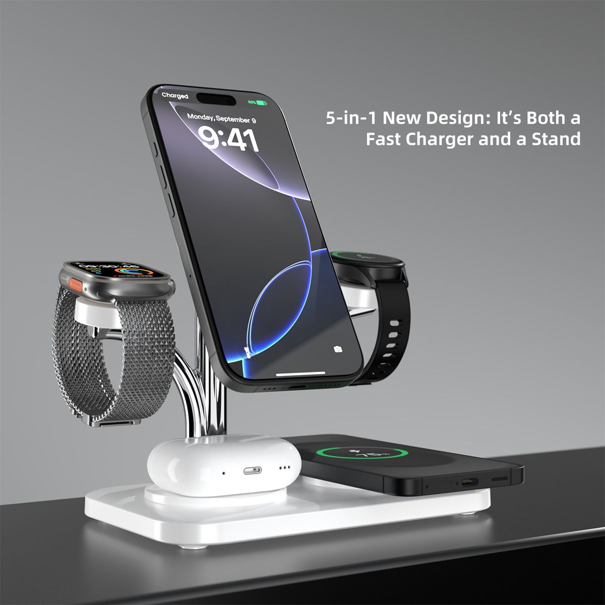 OC22 5-in-1 Wireless Charging Stand Multi Device Fast Charging Dock，white