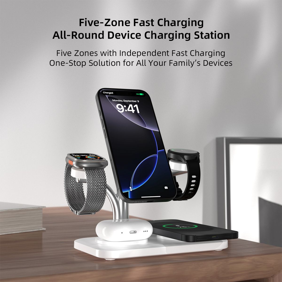 OC22 5-in-1 Wireless Charging Stand Multi Device Fast Charging Dock，white