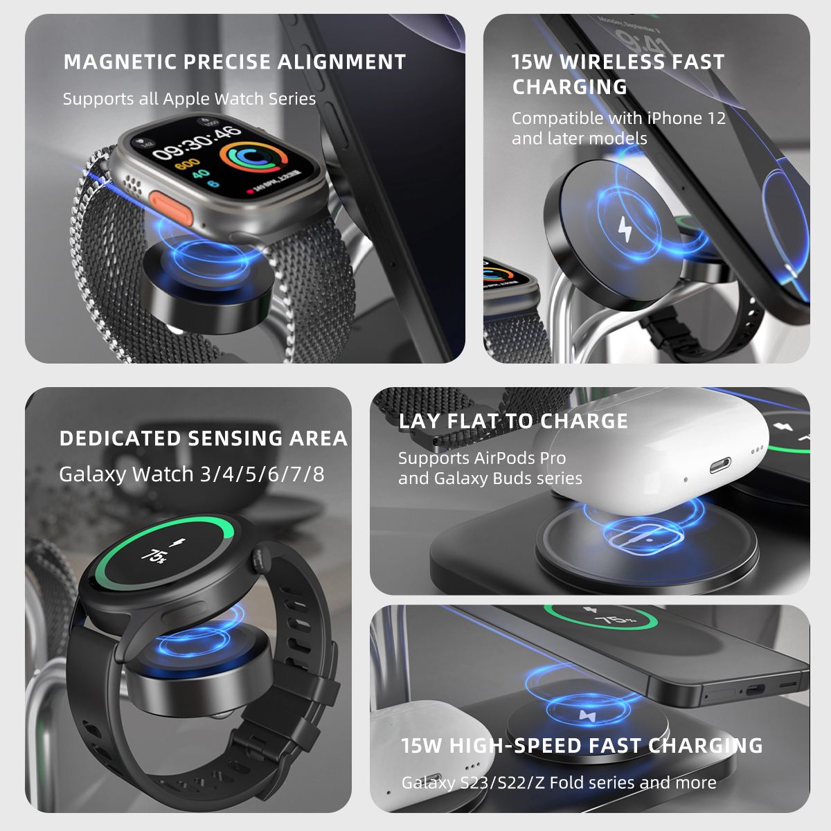 OC22 5-in-1 Wireless Charging Stand Multi Device Fast Charging Dock，white