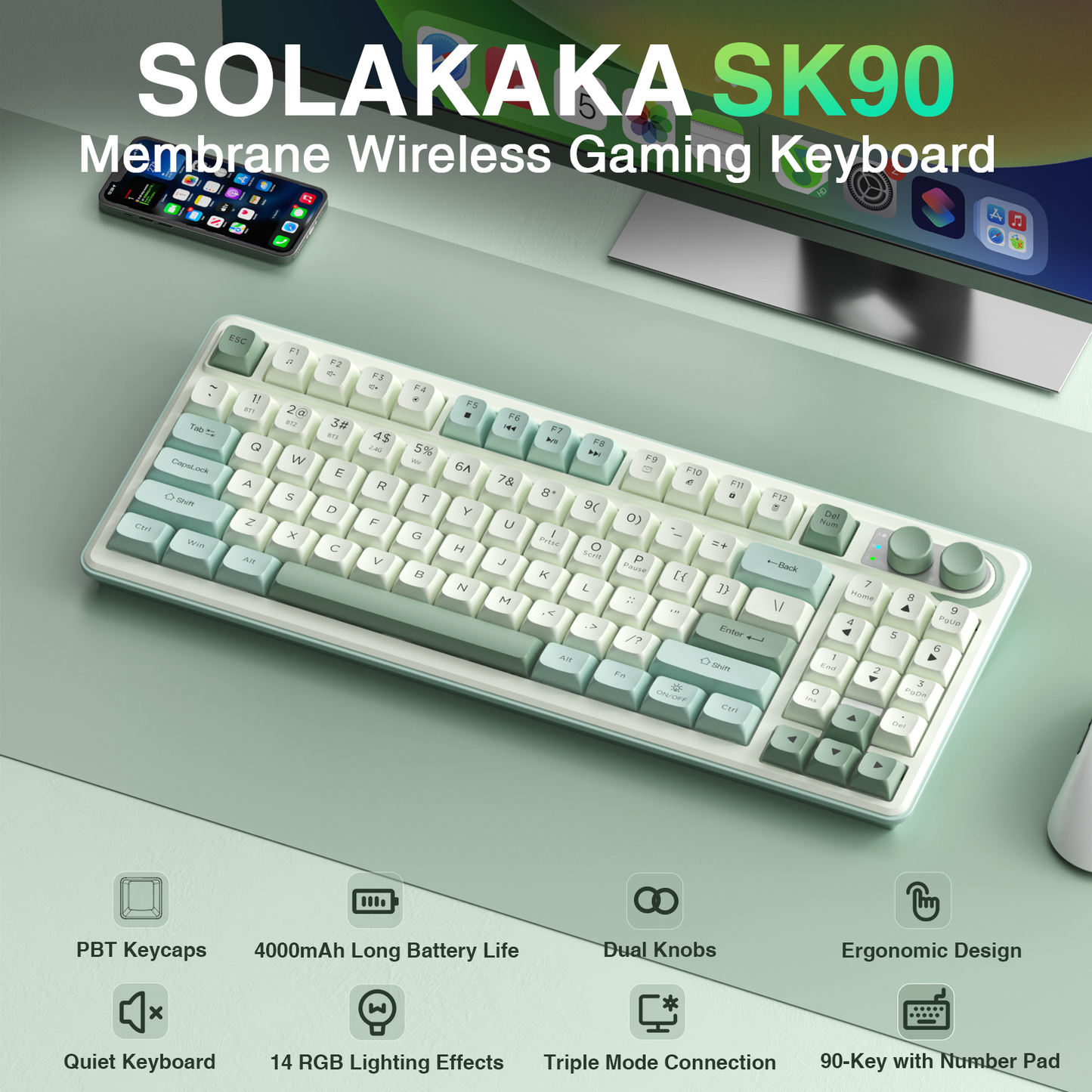 SOLAKAKA SK90 75% Compact Wireless Keyboard with Independent Number Pad，Green & White