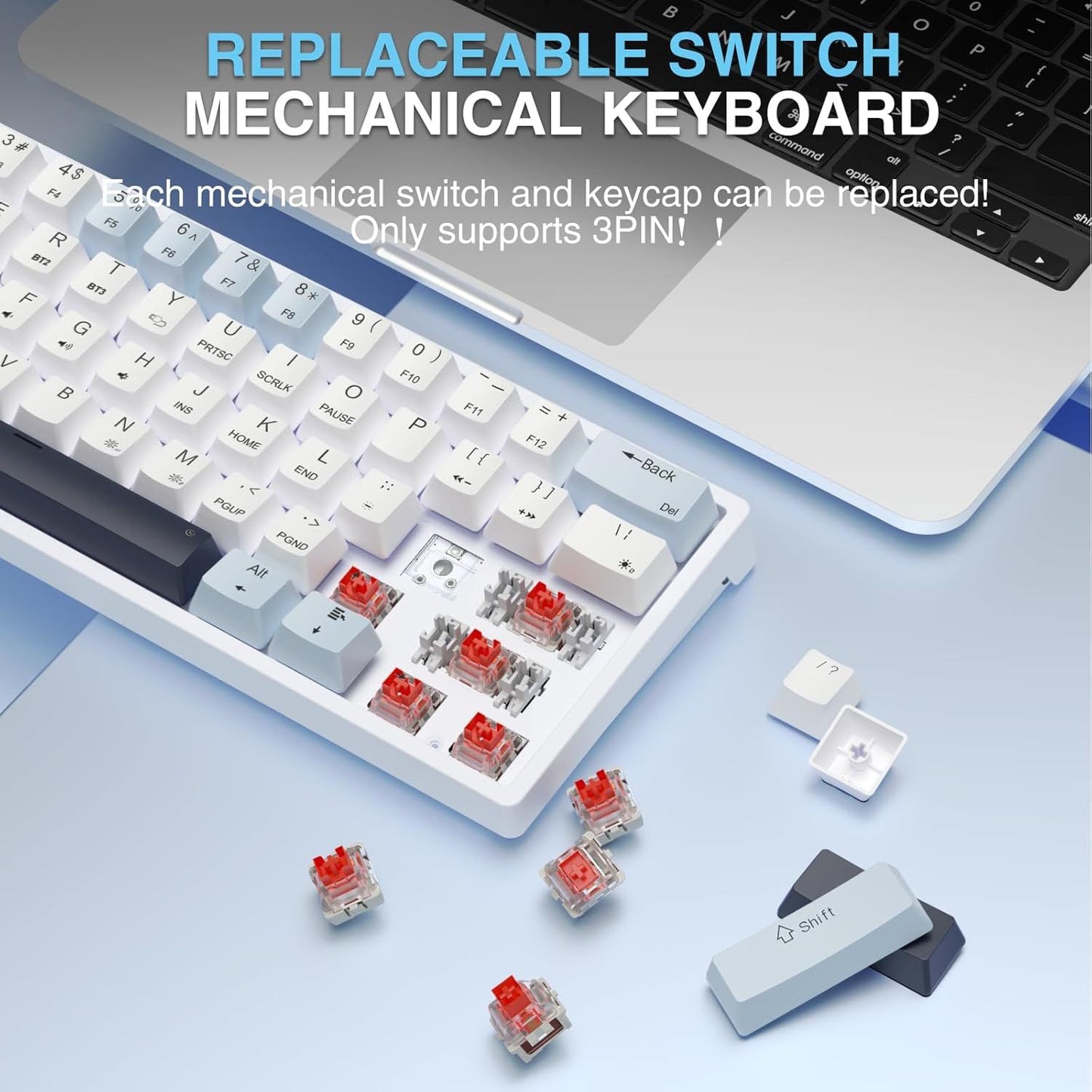 SOLAKAKA SK961 Tri-Mode Wireless RGB Backlit Mechanical Gaming Keyboard，white&blue