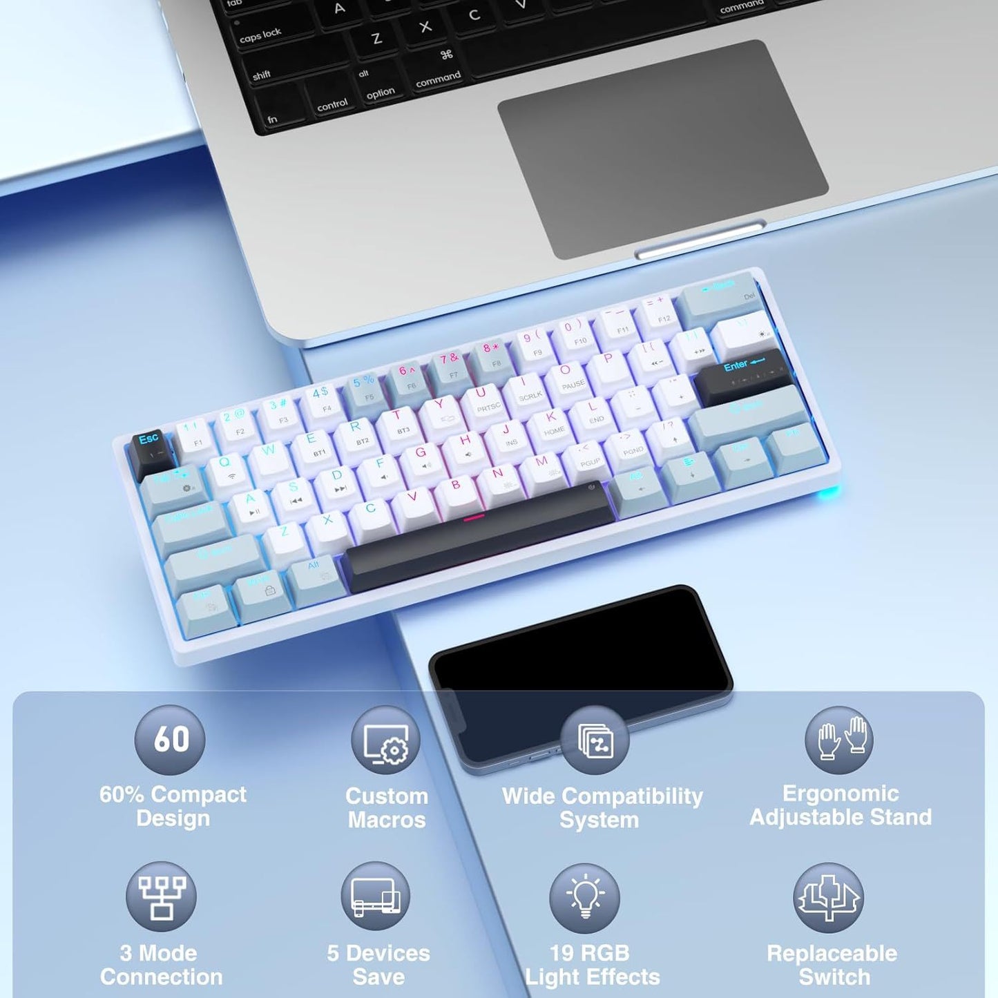 SOLAKAKA SK961 Tri-Mode Wireless RGB Backlit Mechanical Gaming Keyboard，white&blue