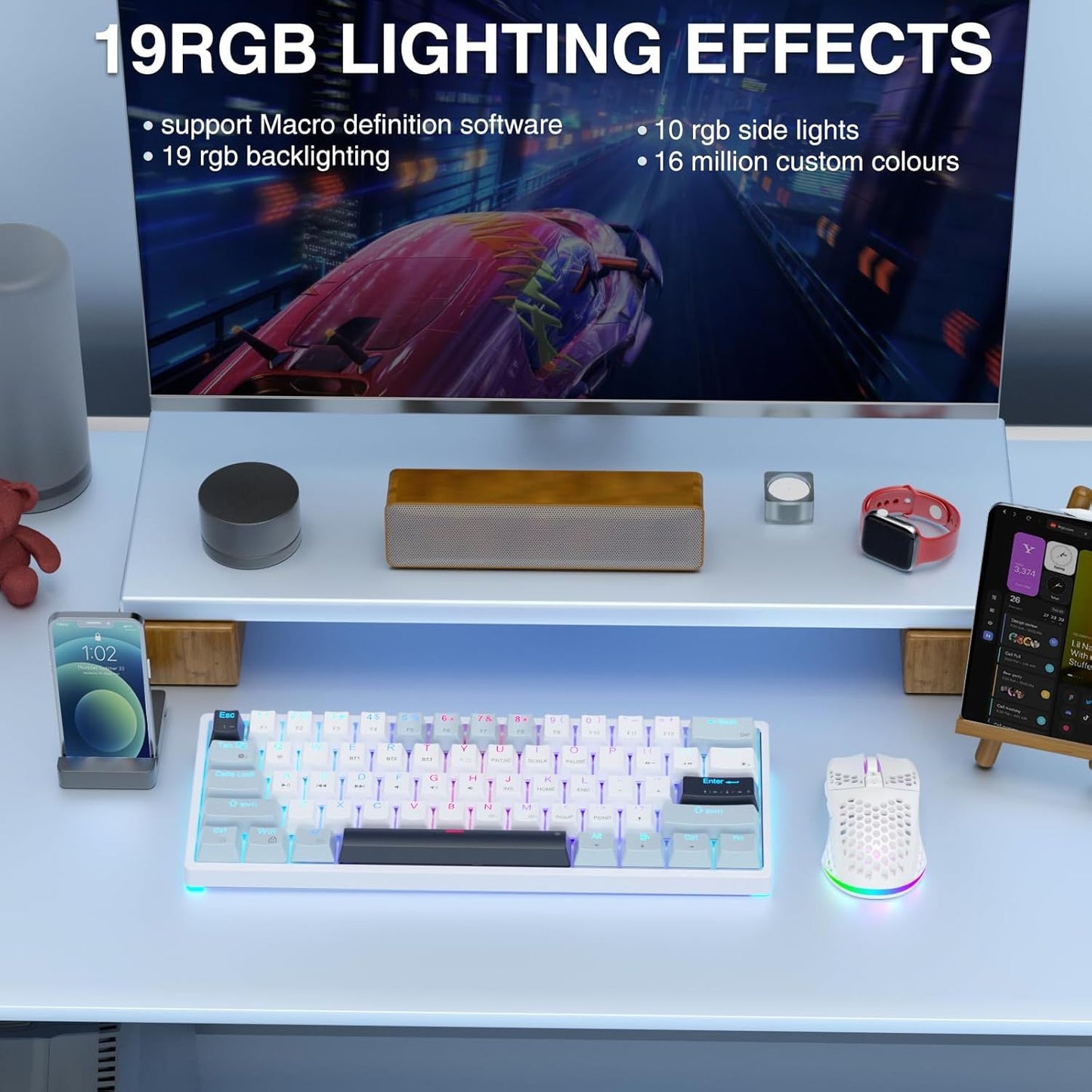 SOLAKAKA SK961 Tri-Mode Wireless RGB Backlit Mechanical Gaming Keyboard，white&blue