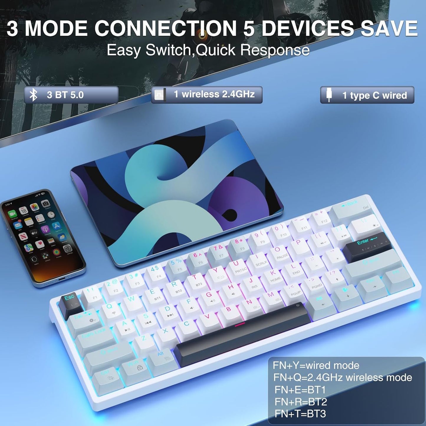 SOLAKAKA SK961 Tri-Mode Wireless RGB Backlit Mechanical Gaming Keyboard，white&blue