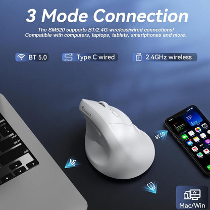 SOLAKAKA SM520 Tri-Mode Vertical Ergonomic Mouse, 24000 DPI Programmable Wireless Vertical Mouse，white