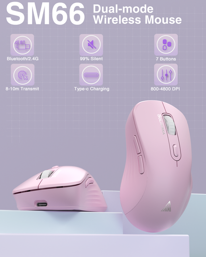 SM67 Dual Mode Wireless Gaming Mouse, Rechargeable RGB Ergonomic Mice with Adjustable DPI ,pink