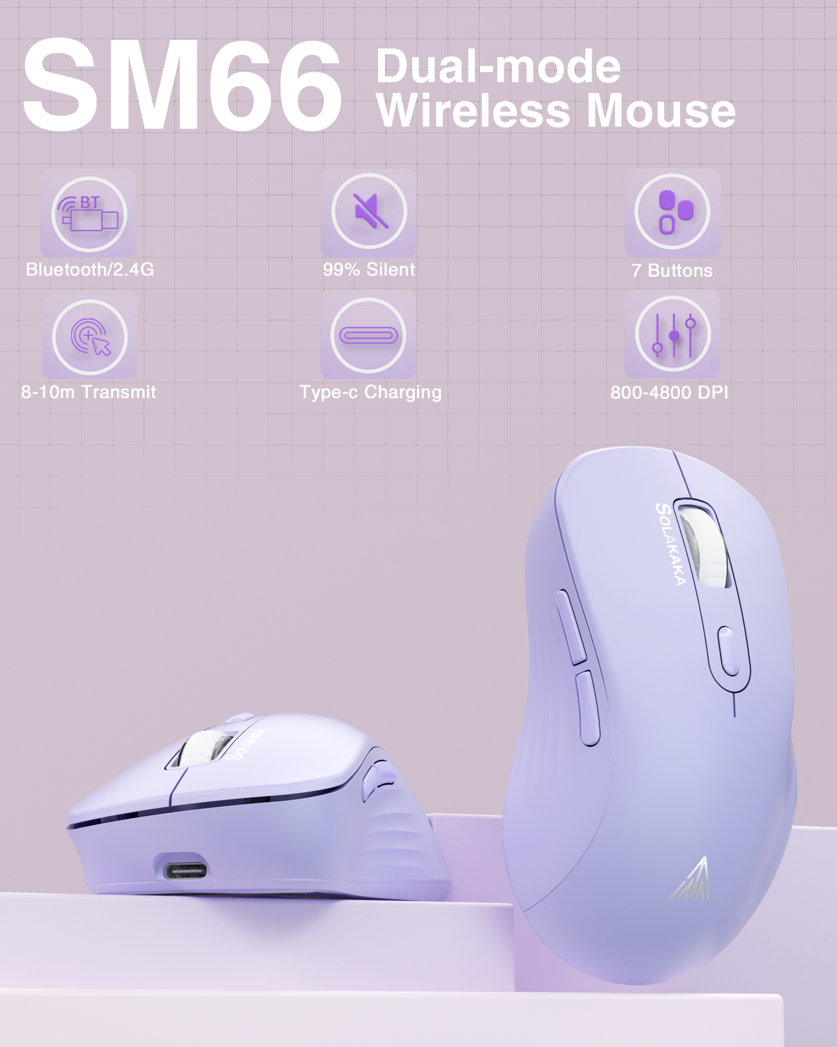 SM68 Dual Mode Wireless Gaming Mouse, Rechargeable RGB Ergonomic Mice with Adjustable DPI ,purple