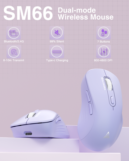 SM68 Dual Mode Wireless Gaming Mouse, Rechargeable RGB Ergonomic Mice with Adjustable DPI ,purple
