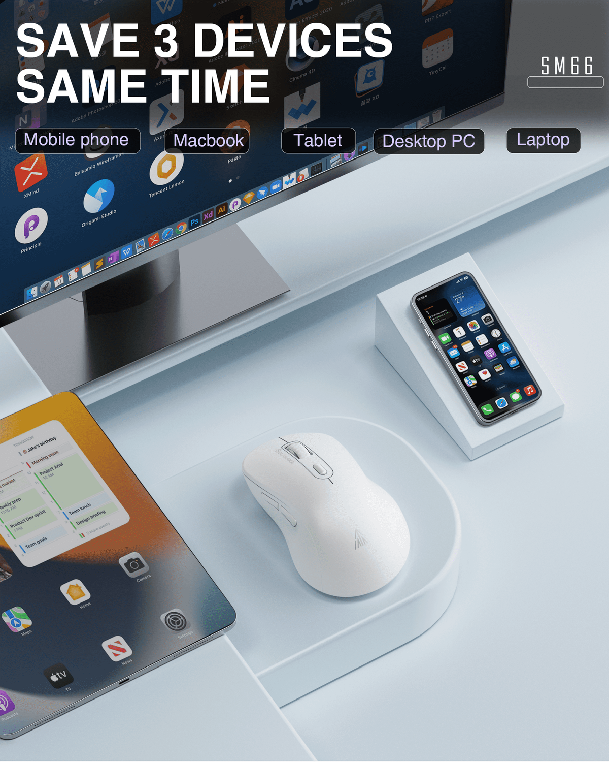 SM66 Dual Mode Wireless Gaming Mouse, Rechargeable RGB Ergonomic Mice with Adjustable DPI ,white