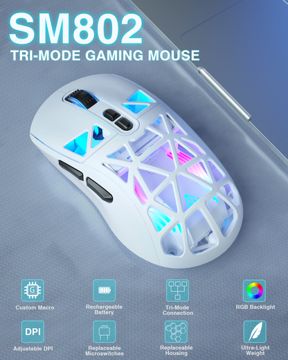 SM802 Tri‑Mode Gaming Mouse, Adjustable DPI, RGB Backlight, Ergonomic Wireless Mouse,white