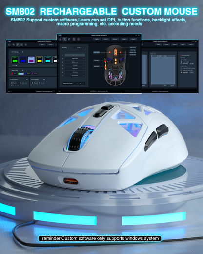 SM802 Tri‑Mode Gaming Mouse, Adjustable DPI, RGB Backlight, Ergonomic Wireless Mouse,white
