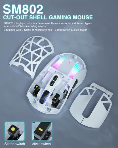 SM802 Tri‑Mode Gaming Mouse, Adjustable DPI, RGB Backlight, Ergonomic Wireless Mouse,white