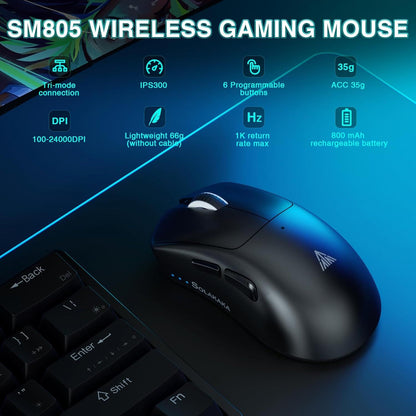 SOLAKAKA SM805 Tri-Mode Lightweight Wireless Gaming Mouse, 24000 DPI with Two Side Buttons，black