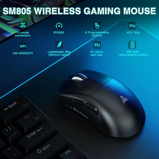 SOLAKAKA SM805 Tri-Mode Lightweight Wireless Gaming Mouse, 24000 DPI with Two Side Buttons，black