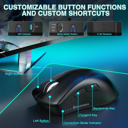 SOLAKAKA SM805 Tri-Mode Lightweight Wireless Gaming Mouse, 24000 DPI with Two Side Buttons，black