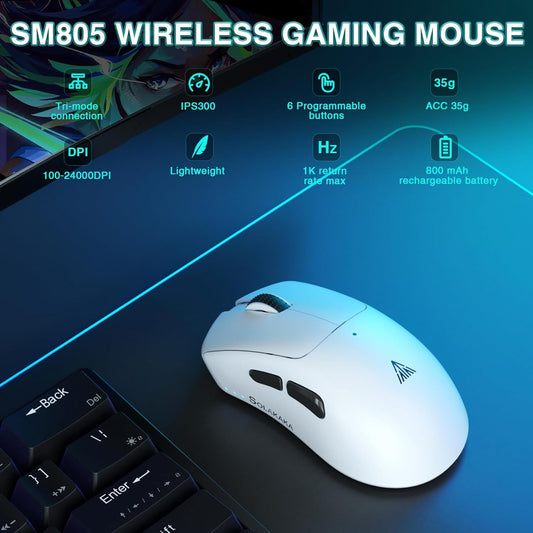 SOLAKAKA SM805 Tri-Mode Lightweight Wireless Gaming Mouse, 24000 DPI with Two Side Buttons，white