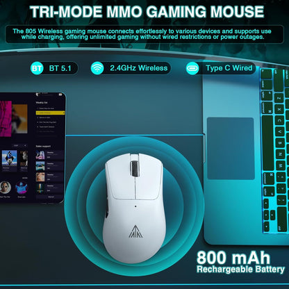 SOLAKAKA SM805 Tri-Mode Lightweight Wireless Gaming Mouse, 24000 DPI with Two Side Buttons，white