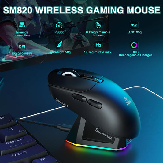 SOLAKAKA SM820 Wireless Gaming Mouse with RGB Charging Dock,24000 DPI Tri-Modes Wireless Mouse,black