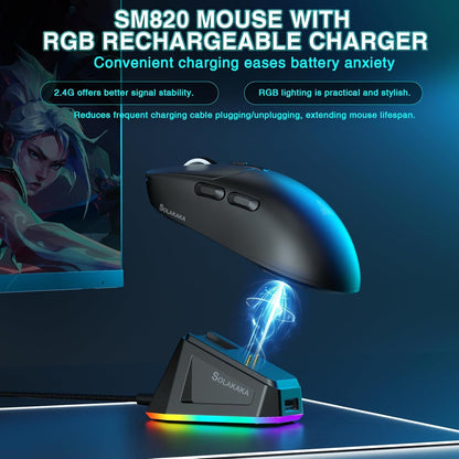SOLAKAKA SM820 Wireless Gaming Mouse with RGB Charging Dock,24000 DPI Tri-Modes Wireless Mouse，black