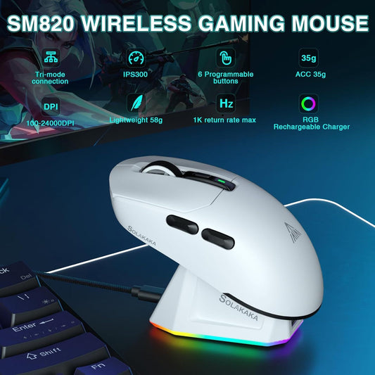 SOLAKAKA SM820 Wireless Gaming Mouse with RGB Charging Dock,24000 DPI Tri-Modes Wireless Mouse,white