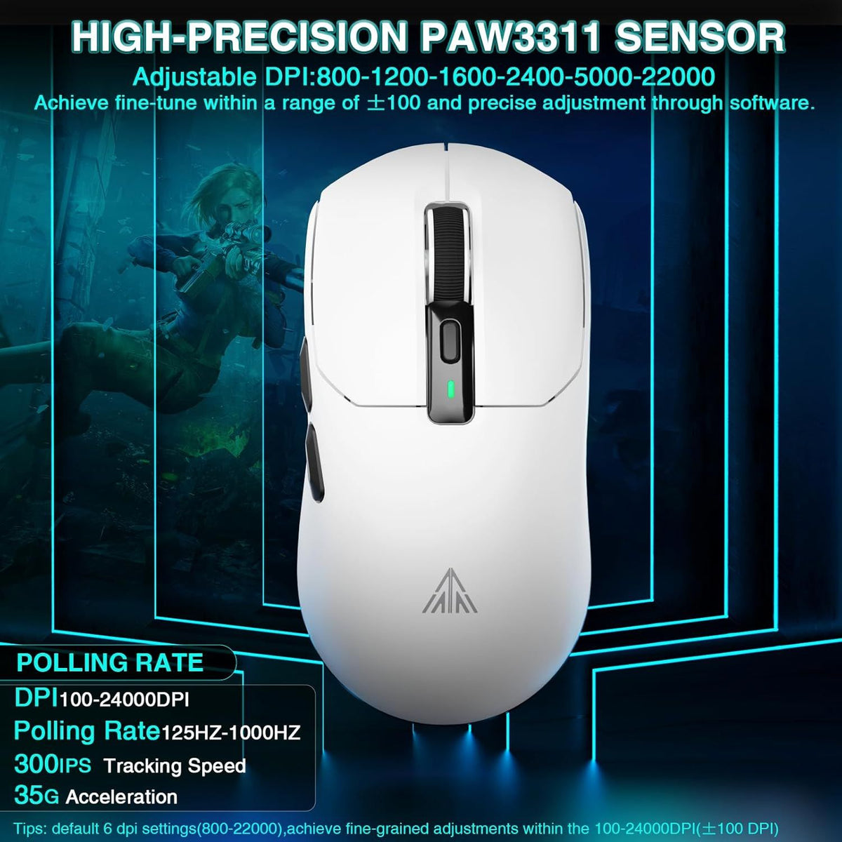 SOLAKAKA SM820 Wireless Gaming Mouse with RGB Charging Dock,24000 DPI Tri-Modes Wireless Mouse，white