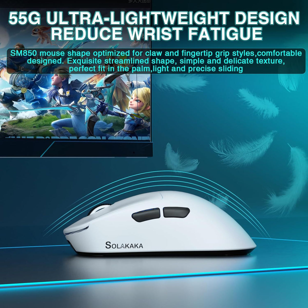 SOLAKAKA SM850 Ergonomic Tri-Mode Wireless RGB Gaming Mouse，white