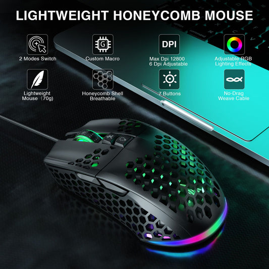 SOLAKAKA SM900 Wired Gaming Mouse with Honeycomb Shell，black