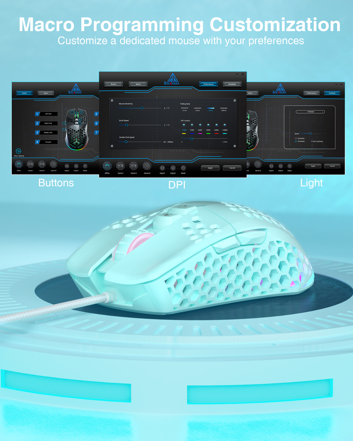 SOLAKAKA SM900 Wired Gaming Mouse with Honeycomb Shell，green