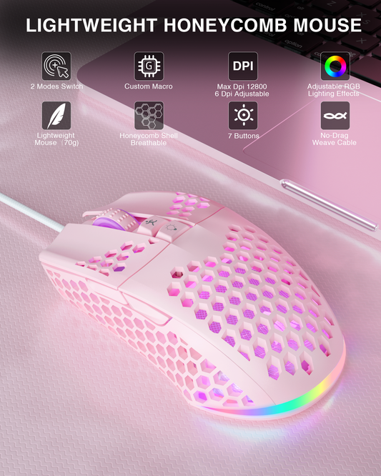 SOLAKAKA SM900 Wired Gaming Mouse with Honeycomb Shell，pink
