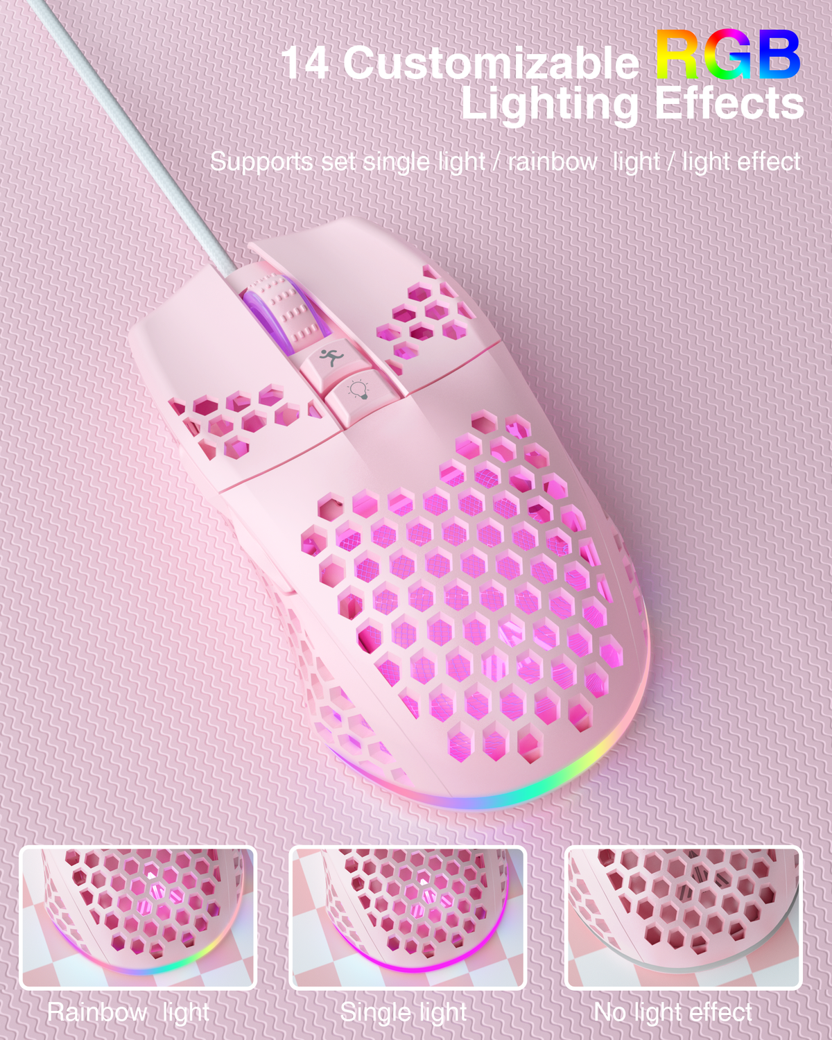 SOLAKAKA SM900 Wired Gaming Mouse with Honeycomb Shell，pink