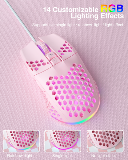 SOLAKAKA SM900 Wired Gaming Mouse with Honeycomb Shell，pink