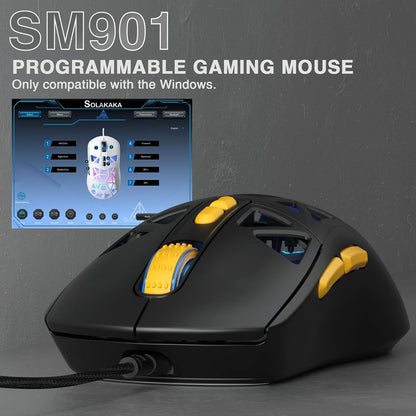 SOLAKAKA SM901 Gaming Mouse,13800DPI RGB Mouse with Programmable Buttons,53g Lightweight Wired Mouses for Gamer,Black