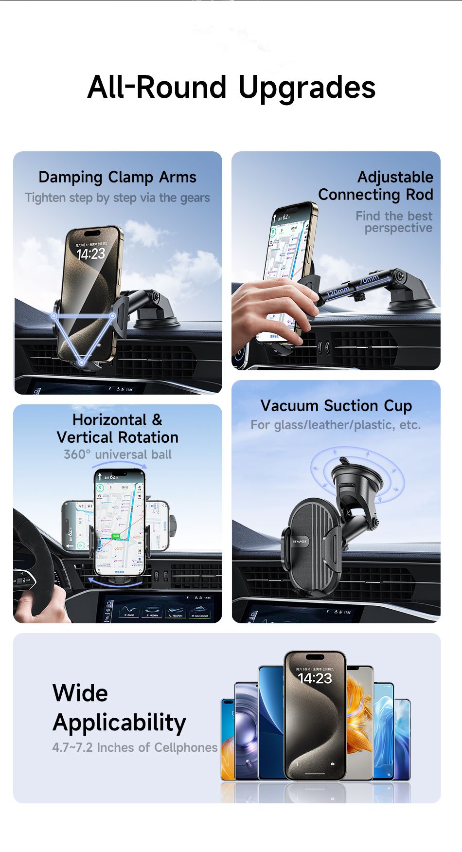 X72 360° Rotation Car Phone Holder, Auto Lock Air Vent Mount for All Mobile Phones，black
